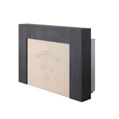 Luz de parede quadrada preta e creme com símbolo Wi-Fi em relevo