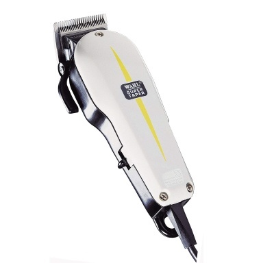 Máquina de cortar cabelo WAHL SUPER TAPER branca e preta com detalhe amarelo