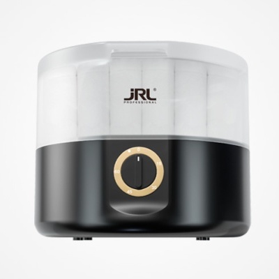 Máquina de esterilização JRL preta e transparente com botão circular dourado.