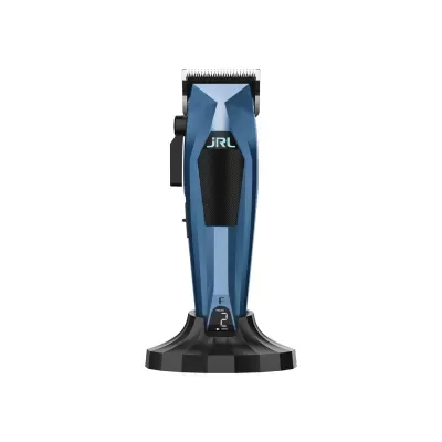 Máquina de cortar cabelo azul com display digital e suporte preto