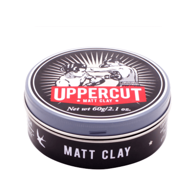 Lata preta e vermelha de pomada para cabelo Uppercut Matt Clay com ilustração de boxe
