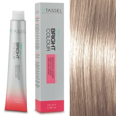 Tubo e caixa de cor de cabelo TASSEL new BRIGHT COLOUR e amostra de cabelo loiro claro.