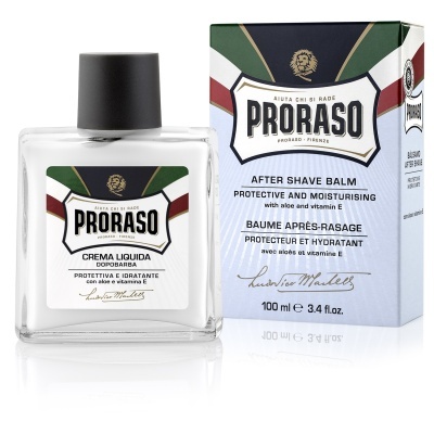 Frasco e caixa de bálsamo aftershave Proraso com design tricolor verde, branco e vermelho
