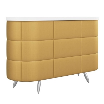 Móvel estofado amarelo com tampo branco e pés metálicos prateados
