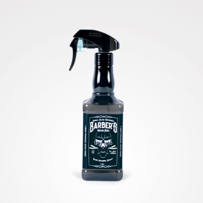 Frasco spray preto Barber's com rótulo preto e branco
