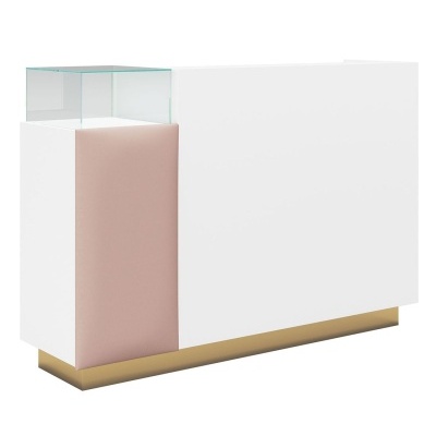 Balção branco moderno com base dourada e faixa almofadada rosa e vidro.