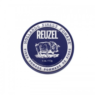 Pomada para cabelo REUZEL azul e branca com imagem de porco