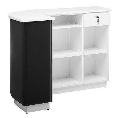 Móvel de receção branco com painel lateral preto