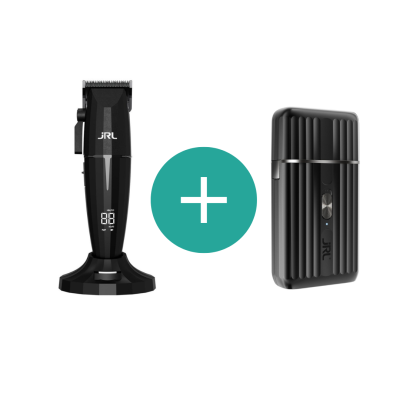 Máquina de cortar cabelo preta com visor digital e suporte junto a dispositivo eletrónico preto com ranhuras e botão central