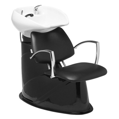 Cadeira preta de lavagem de cabelo com lava-cabeças branco