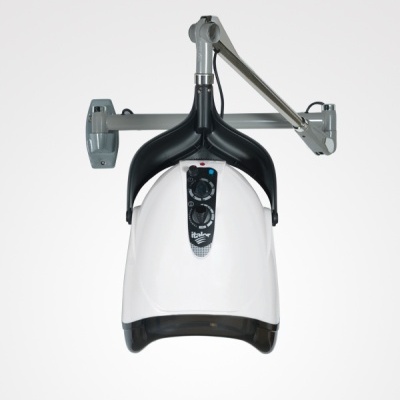 Secador de cabelo profissional branco e preto com suporte metálico cinzento na parede