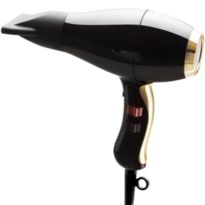 secador de cabelo preto, branco e dourado com difusor