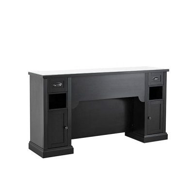 Mesa secretária preta de madeira com gavetas e portas