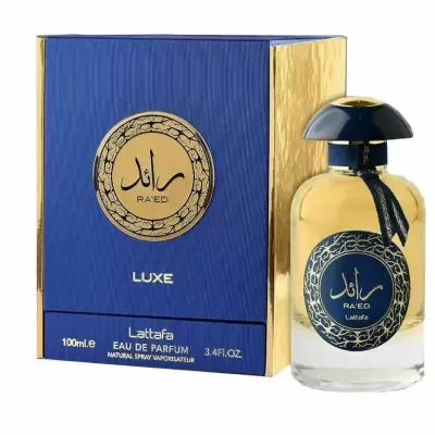 Perfume RA'ED da Lattafa em embalagem azul e dourada com texto em inglês e árabe