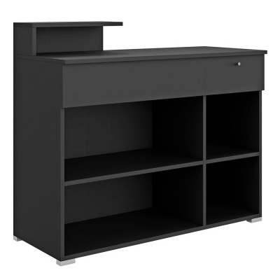 móvel de escritório cinza escuro com gavetas e nichos abertos