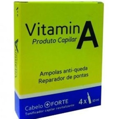 Embalagem verde e azul de produto capilar Vitamin A com 4 ampolas anti-queda e reparador de pontas