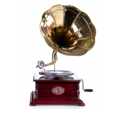 Gramofone clássico com campânula dourada e base de madeira