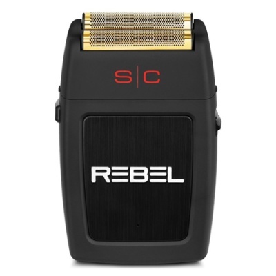 Aparelho de barbear elétrico preto com texto REBEL e detalhe em dourado
