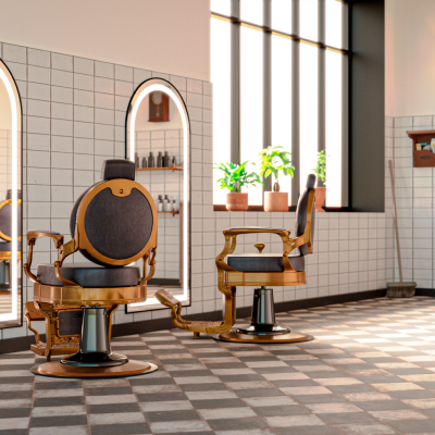 Salão de barbear vintage com cadeiras douradas, espelhos iluminados e chão xadrez