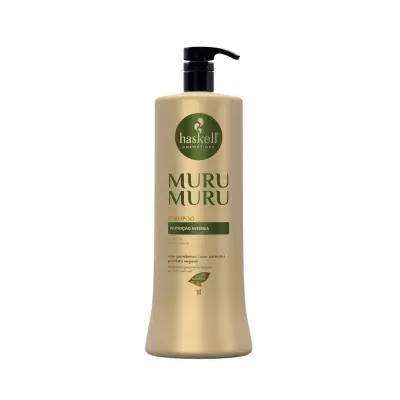 Frasco de champô dourado Haskell Muru Muru Nutrição Intensa 1 litro
