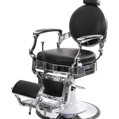 Cadeira de barbeiro preta com estrutura cromada e base redonda branca