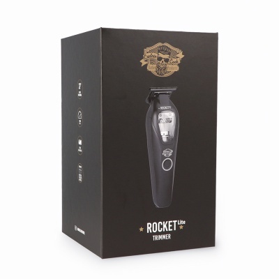 Embalagem preta do aparador de barba Rocket Lite Trimmer com imagem do aparelho e logo Captain Cook