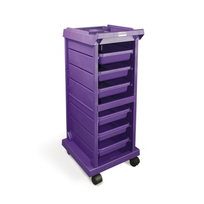 Carrinho organizador roxo com gavetas e rodas pretas