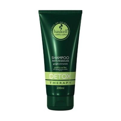 Frasco verde escuro de plástico com shampoo Haskell Detox Therapy