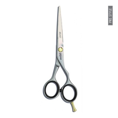 Tesoura metálica com punhos negros e texto RELAX BELLAIRE