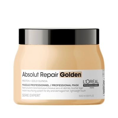 Frasco bege com tampa preta de máscara capilar Absolut Repair Golden da L'Oréal
