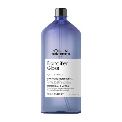 Frasco azul de shampoo L'Oréal Blondifier Gloss de 1500 ml