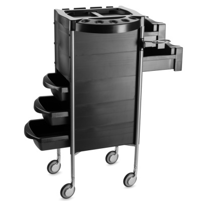 Carrinho de salão preto com rodas e compartimentos para utensílios