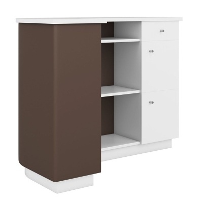 Móvel de canto para cozinha branco com porta curva castanha e gavetas