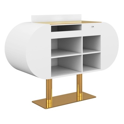 Móvel de arrumação oval branco com tampo madeira e pernas douradas
