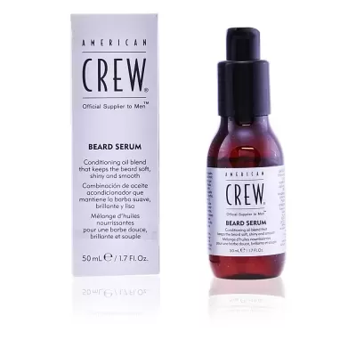 Sérum para barba American Crew em frasco de vidro âmbar e caixa branca com texto preto