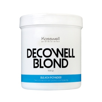 Frasco branco de pó descolorante DECONWELL BLOND com tampa e rótulo azul e preto