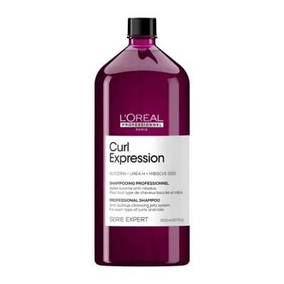 Frasco roxo de champô L'Oréal Curl Expression com rótulo branco