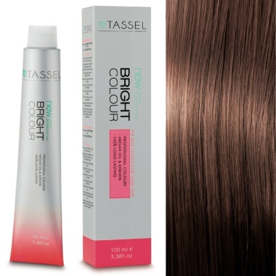 Tubo e embalagem de coloração Tassel Bright Colour ao lado de amostra de cabelo castanho