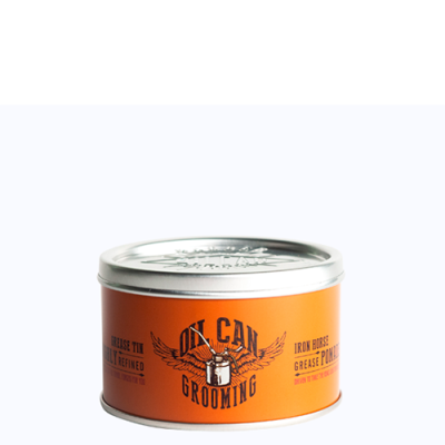 Lata metálica laranja com tampa prateada e texto preto de pomada para cabelo