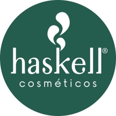 Logótipo verde de haskell cosméticos com texto branco e símbolo gráfico
