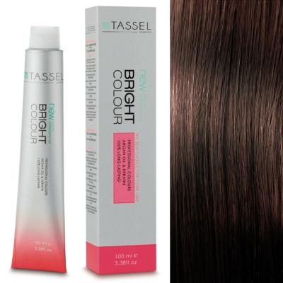 Tubo e caixa de tinta de cabelo TASSEL BRIGHT COLOUR 100 ml junto com amostra de cor de cabelo castanho escuro brilhante