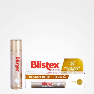 Bálsamo labial Blistex Protect Plus com embalagem branca e dourada e texto em vermelho e dourado