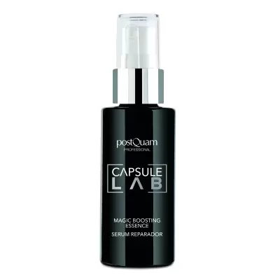 Frasco preto de sérum reparador MAGIC BOOSTING ESSENCE da CAPSULE LAB, postQuam PROFESSIONAL.
