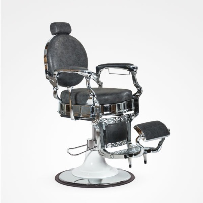 Cadeira de barbeiro vintage em metal cromado com pele cinzenta