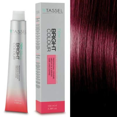 Tubo e caixa de tinta para cabelo Tassel Bright Colour ao lado de cabelo com tonalidade castanho escuro com reflexos vermelhos.