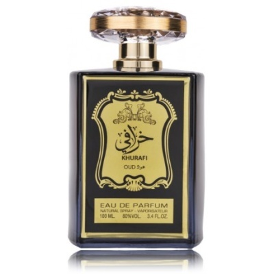 Frasco preto de perfume com rótulo dourado e tampa translúcida