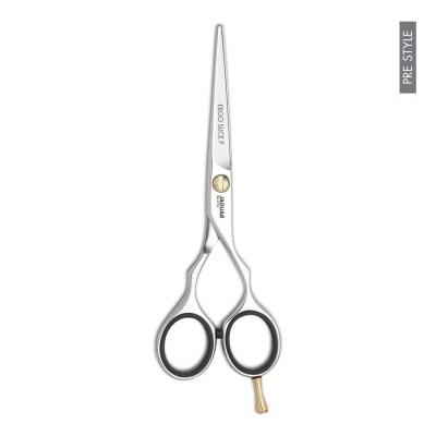 Tesoura de corte profissional em aço inoxidável com pega preta e detalhes dourados