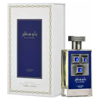 Perfume Blue Sapphire da Lattafa Paris com frasco e embalagem branca e azul