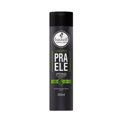 Frasco de shampoo preto com rótulo cinza e verde