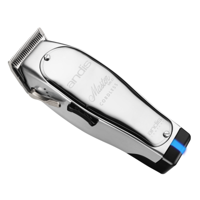 Aparador de cabelo metálico prateado com lâmina dentada e luz azul